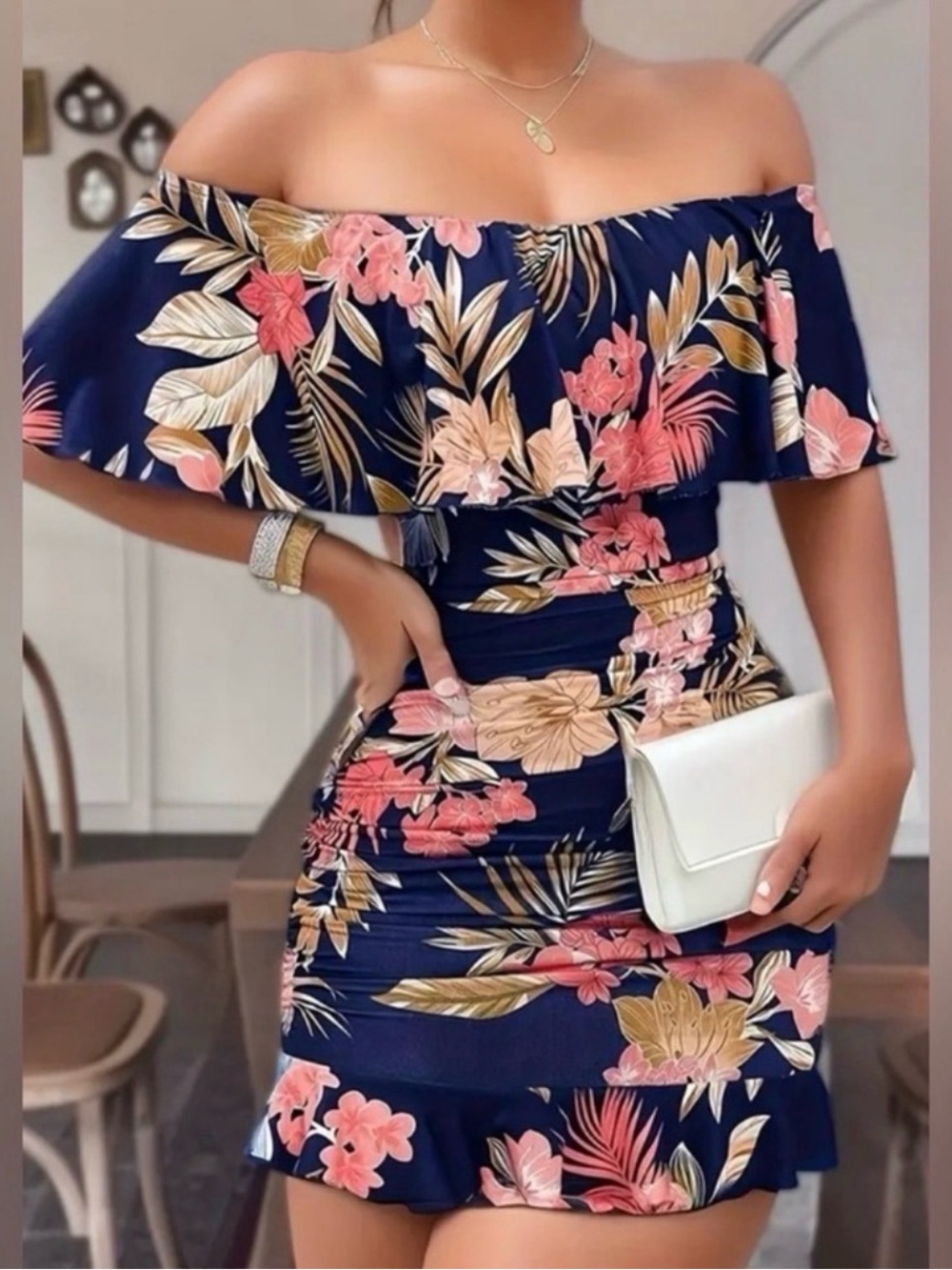 Off-Shoulder Navy Floral Ruffle Bodycon Dress